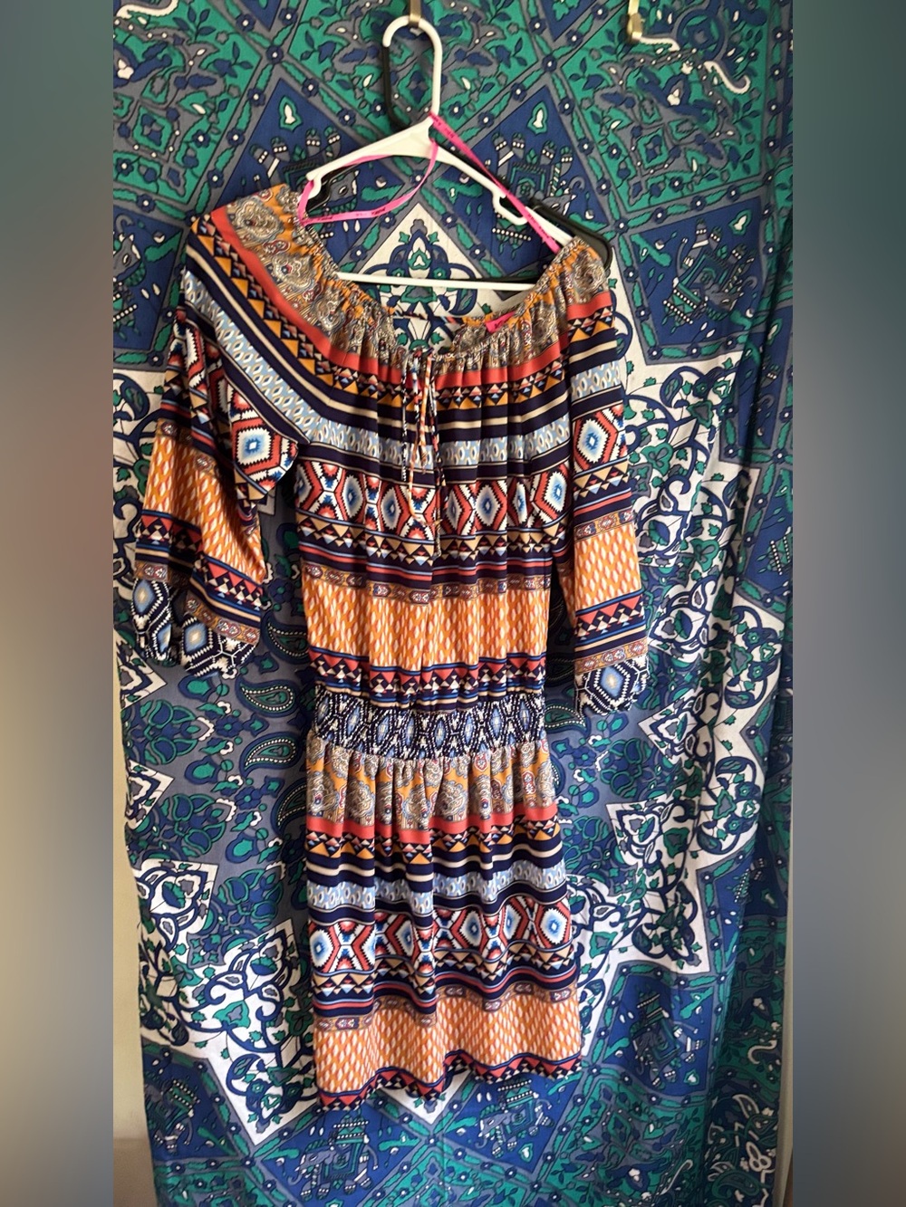 Betsey Johnson Geometric Striped Smocked Waist Peasant Dress